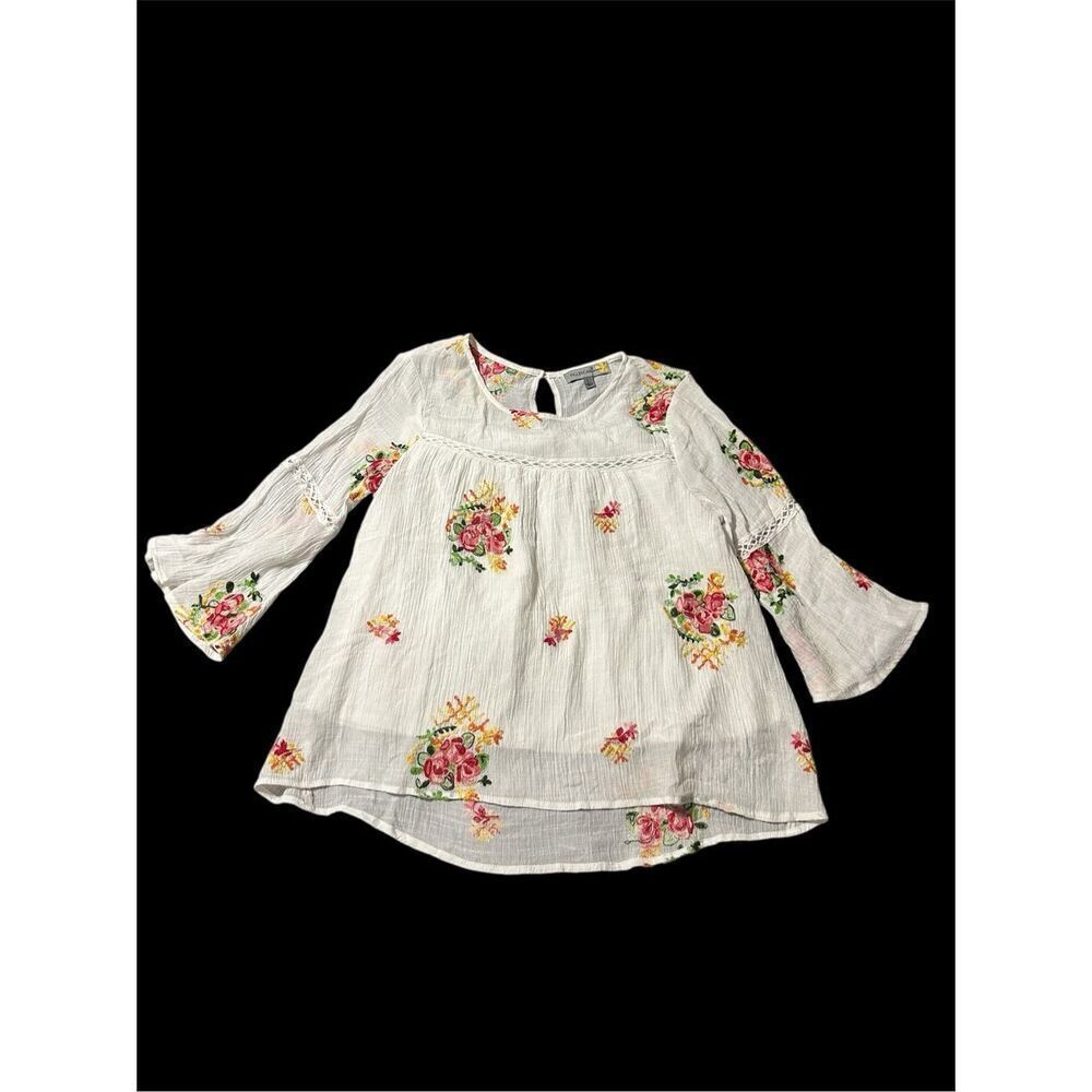 Figueroa & flower white gauzy floral top L romantic fairy cottagecore